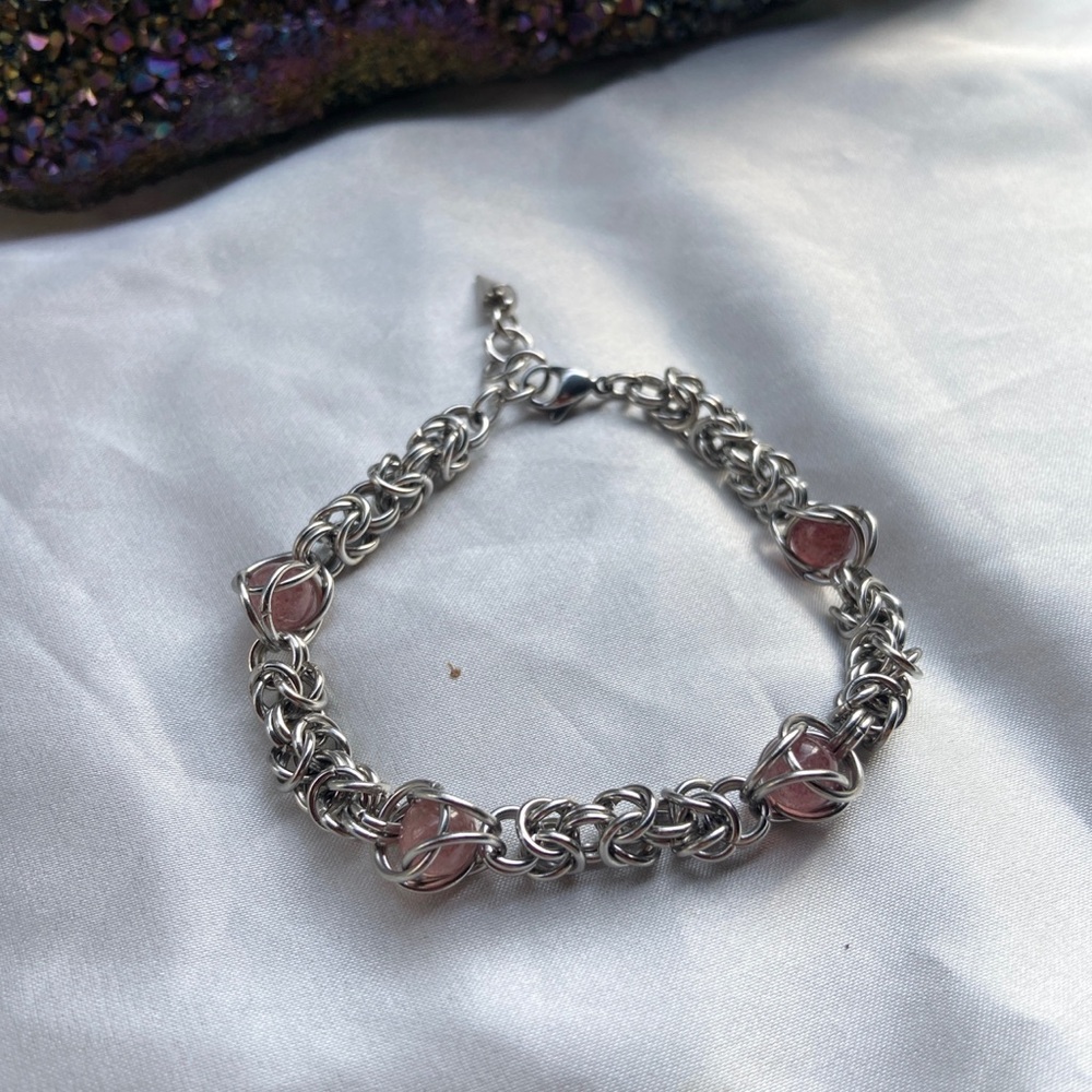 Genuine strawberry quartz gemstone crystal silver stainless steel bracelet